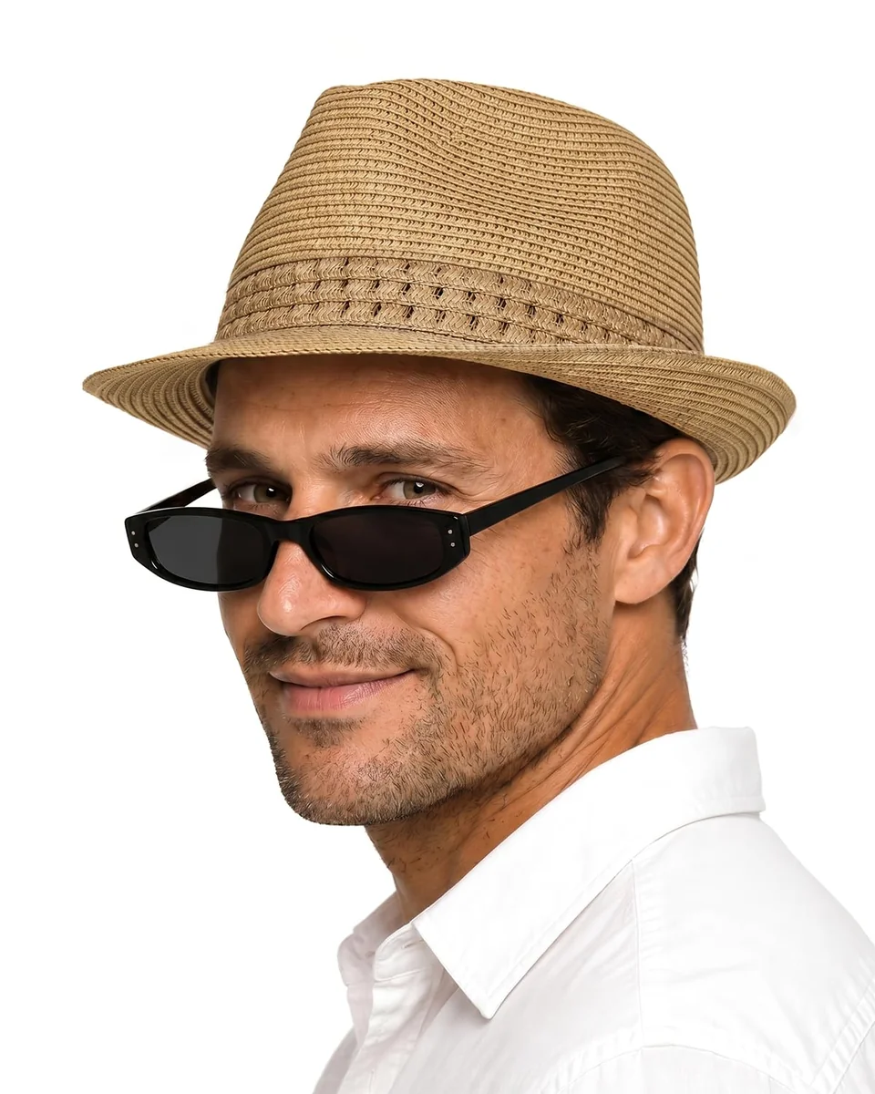 Zylioo 2XL XL L słomkowy kapelusz fedora, duża głowa kubański kapelusz z krótkim rondem, pakowalna letnia czapka Trilby kapelusz na plażę podróż, Kh..
