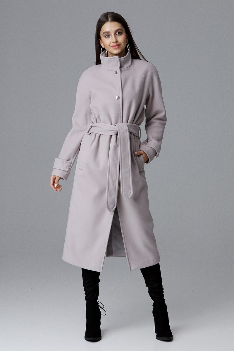 Elegancki płaszcz damski z paskiem Regular Fit na co dzień, długi za kolano - M624, beżowy, XL