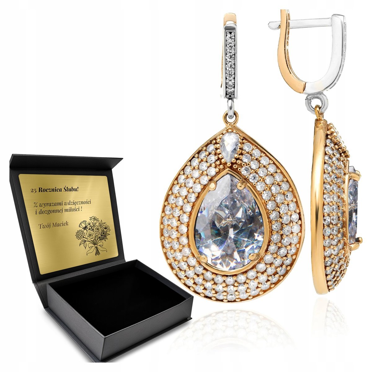 Kolczyki Srebrne 925 Cyrkonie I Topaz Biżuteria Dla Kobiety + Grawer