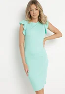 Sukienki - Miętowa Dopasowana Sukienka Midi z Falbanką przy Rękawie Ekarra - miniaturka - grafika 1
