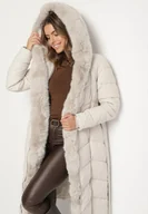 Kurtki damskie - Biała Pikowana Kurtka z Futerkowym Obszyciem i Paskiem Samiria - miniaturka - grafika 1