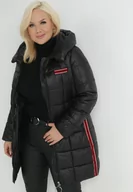 Kurtki damskie - Czarna Kurtka Pikowana Długa z Kontrastowymi Lampasami Feosa - miniaturka - grafika 1