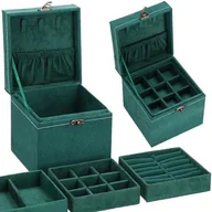 Biżuteria - akcesoria - Szkatułka na biżuterię 12x12x12 cm zielony welurowy organizer z przegródkam - miniaturka - grafika 1