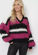 Swetry damskie - Fuksjowy Sweter Oversize z Ozdobnym Wzorem Dzianiny Mexio - miniaturka - grafika 1