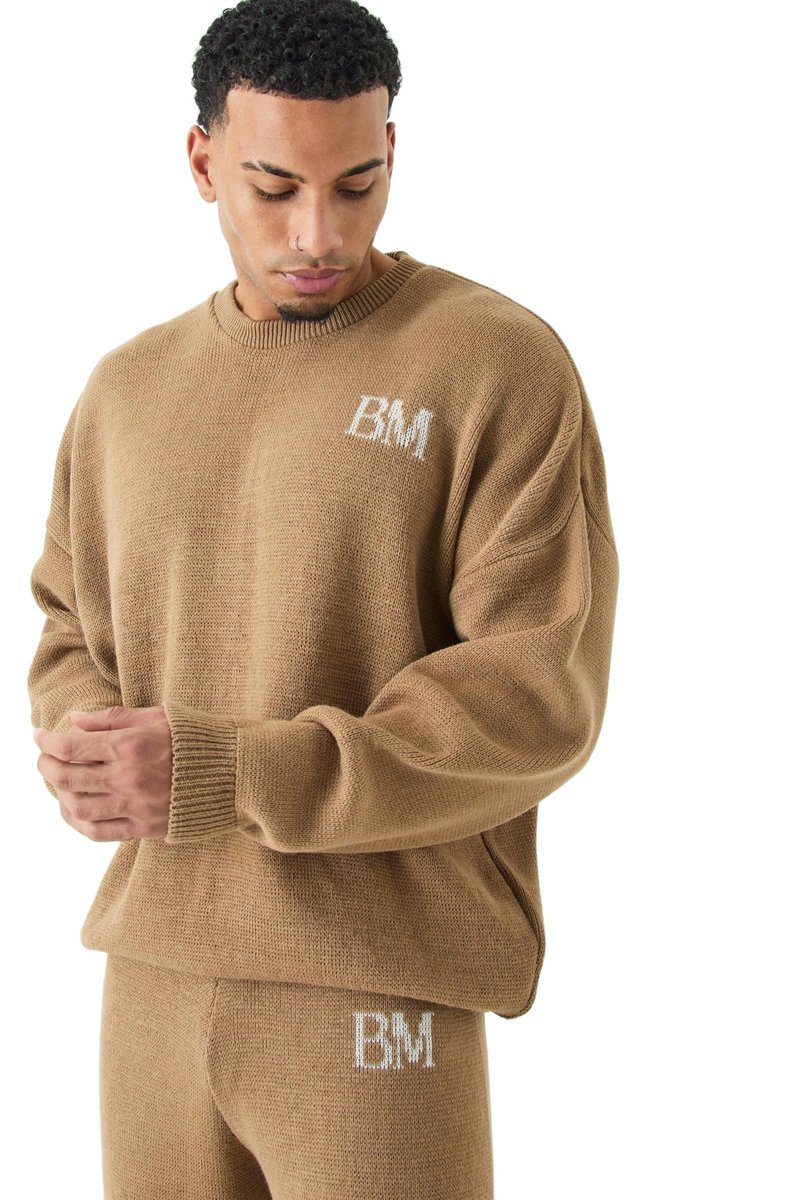 BOOHOOMAN MĘSKI SWETER BEŻOWY Z OKRĄGŁYM DEKOLTEM I NAPISEM BM L Z3A*