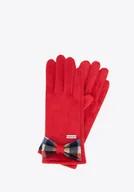 Rękawiczki - Damskie rękawiczki z kokardą w kratę czerwone - miniaturka - grafika 1