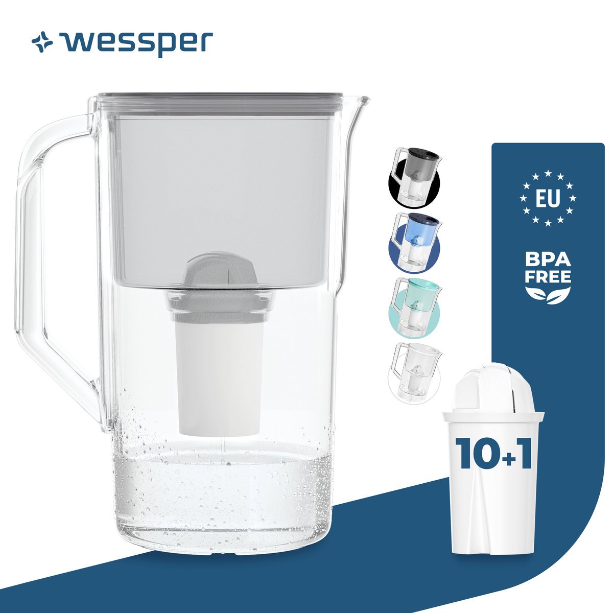 Dzbanek filtrujący Wessper D1 SOLID 2,8l szary + Wkład aquaclassic 11szt.