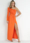 Sukienki - Pomarańczowa Kopertowa Sukienka Maxi na Jedno Ramię z Marszczeniami Analaura - miniaturka - grafika 1