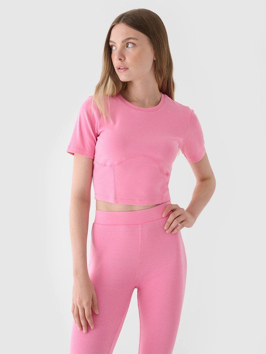 Crop top slim gładki damski 4F 4FRAW24TTSHF2581-54S Różowy