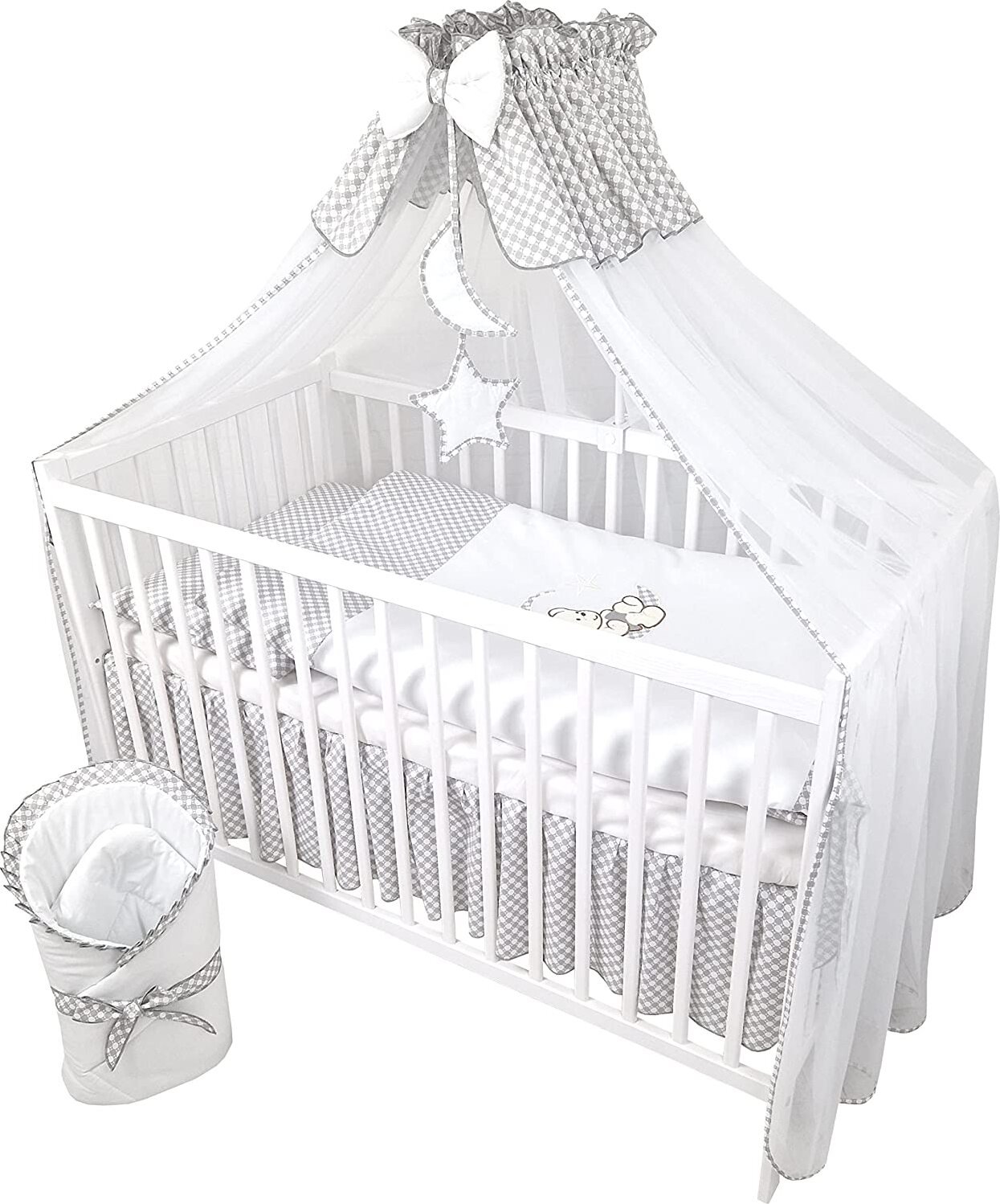 Komplet pościeli niemowlęcej 11 elementów bez łóżeczka do łóżeczka w rozmiarze 60x120 wykonany w 100% z bawełny z haftowanym misiem na księżycu, w tym moskitiera w kolorze szarym