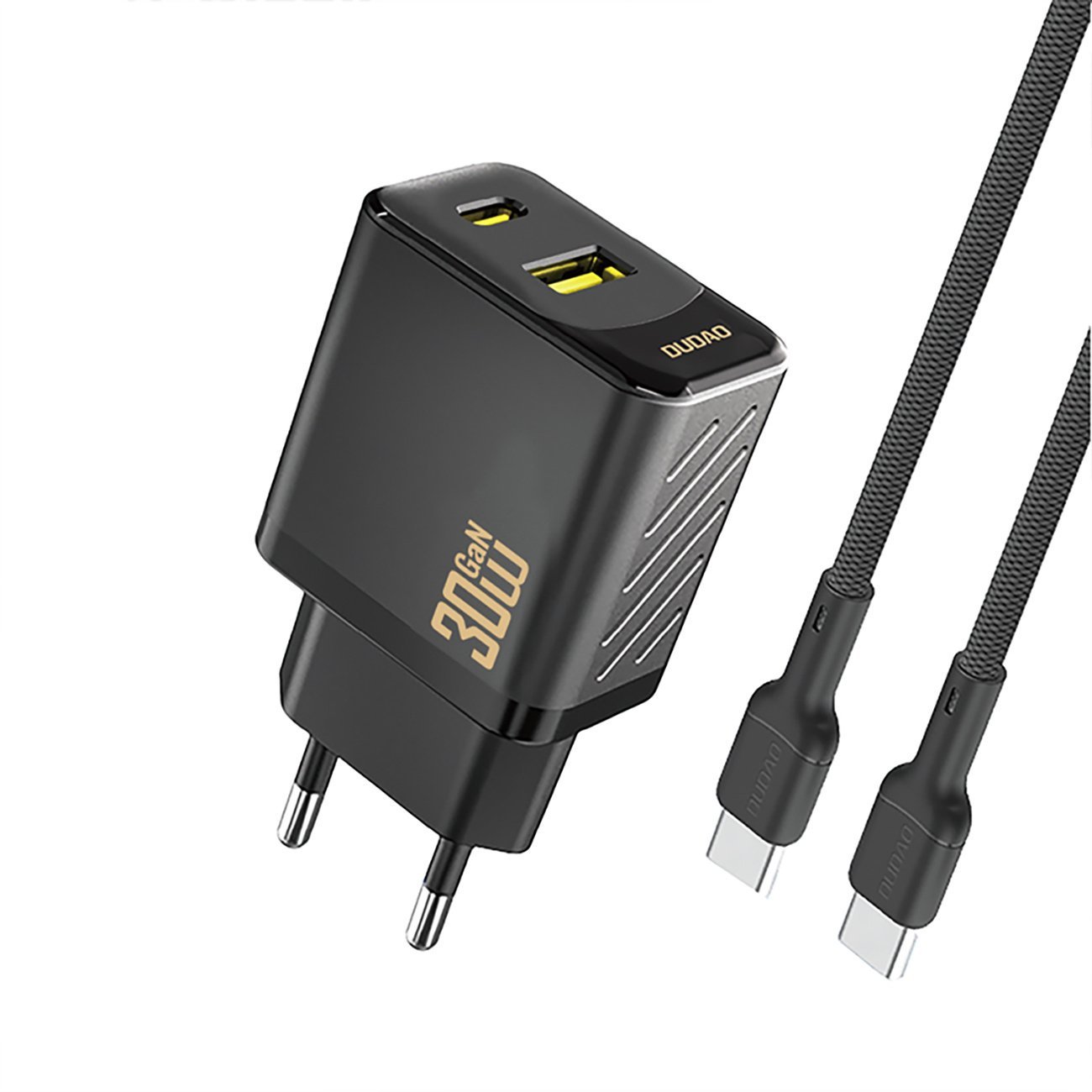 Ładowarka sieciowa USB-A USB-C z kablem USB-C GaN PD 30W - czarna Ładowarka sieciowa USB-A USB-C z kablem USB-C GaN PD 30W - czarna