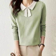 Swetry damskie - TEMU długa koszulka z kolorowymi elementami i kokardką na jesień i zimę 2024 roku dla kobiet, swobodny i uniwersalny dzianinowy top, damski sweter. - miniaturka - grafika 1