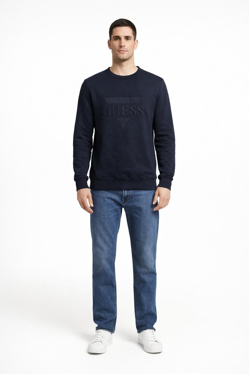 GUESS SWETER MĘSKI GRANATOWY Z OKRĄGŁYM DEKOLTEM I LOGO M 1GŁA