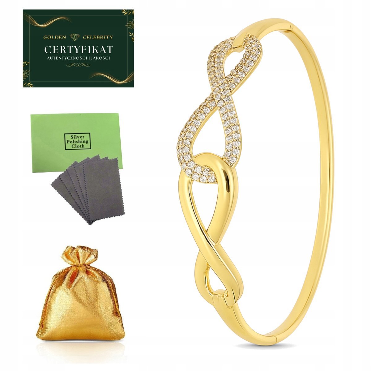 PIĘKNA ZŁOTA BRANSOLETKA DAMSKA SZTYWNA NIESKOŃCZONOŚĆ Z CYRKONIAMI 18K