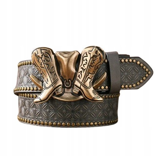 Pas pasek kowbojski szary Texas buty podkowa DŻETY NITY retro nity 120cm