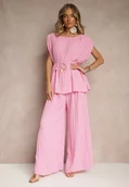 Komplety damskie - Różowy Komplet Spodnie o Szerokim Kroju i Bluzka z Usztywnioną Linią Ramion Nilamira - miniaturka - grafika 1