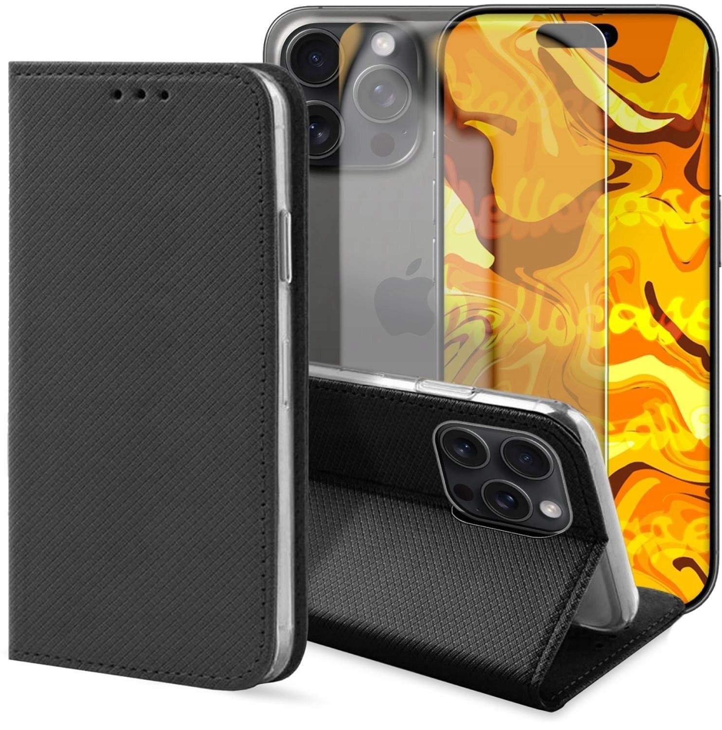 Hello Case Etui z Klapką Do Apple iPhone 15 Czarne, Zamykane, Magnetyczne Szkło BNDL3381