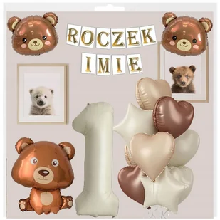 BALONY NA PIERWSZE URODZINY ROCZEK IMIĘ BANER PERSONALIZOWANY BALON 1 MIŚ - Baby shower i roczek - miniaturka - grafika 1