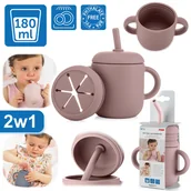 Sztućce dla dzieci - Kubek silikonowy niewysypek ze słomką pokrywką na przekąski 2w1 180ml REER - miniaturka - grafika 1
