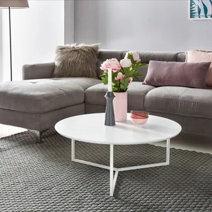 Designerski stolik kawowy MDF drewno biały mat metalowa rama ø 80 cm - Ławy i stoliki kawowe - miniaturka - grafika 1
