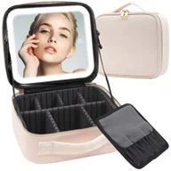 Kosmetyczki, organizery i kuferki - Kosmetyczka Kuferek Z Lusterkiem Led Podróżna Skórzany Makijaż Beżowa - miniaturka - grafika 1