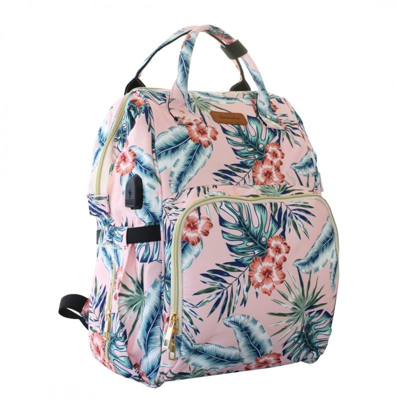 Piękna Różowa Torba Plecak Dla Mamy Wzór: Monstera I Hibiskus 52R