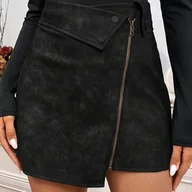 Spódnice - TEMU Elegancka Spódnica Damska z PU - Dopasowana Krótka Sukienka A-Line ze Zamkiem na Całej Długości, Asymetrycznym Dołem i Warstwowym Designie - miniaturka - grafika 1