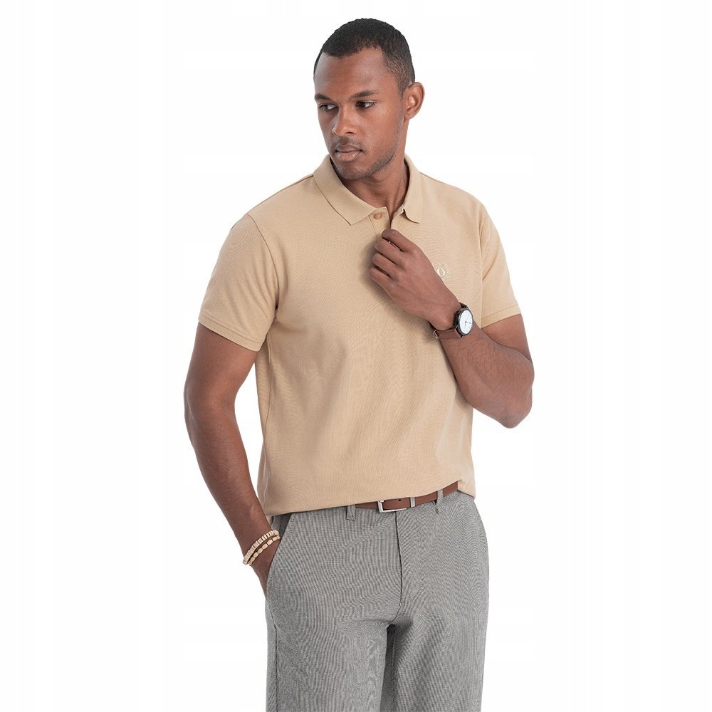 Koszulka męska polo klasyczna bawełniana beżowa Ombre V24 S1374 XL