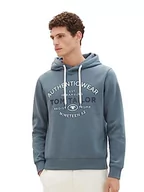 Bluzy męskie - Męska bluza z kapturem TOM TAILOR Basic z nadrukiem logo, 32506-zakurzony ciemny turkusowy, M - miniaturka - grafika 1