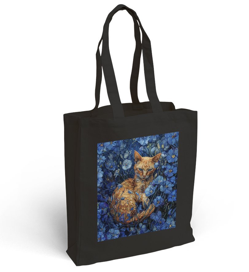 Torba bawełniana z nadrukiem kotka w błękitnych kwiatach