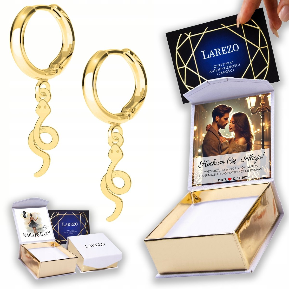 Złote Kolczyki 925 Blaszki z Wężami Gady Węże Zwierzę Snake Wąż NADRUK