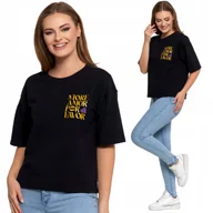 Koszulki i topy damskie - T-SHIRT DAMSKI KRÓTKI RĘKAW BAWEŁNIANY Z NAPISAMI OVERSIZE LUŹNY MORAJ XL BLACK - miniaturka - grafika 1