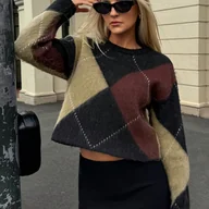 Swetry damskie - TEMU Elegancki sweter damski w blokach kolorów - Szykowny sweter z okrągłym dekoltem w odcieniach brązu i czerwieni - Niezbędny element warstwowego - miniaturka - grafika 1