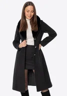 Płaszcze damskie - Damski płaszcz z odpinanym sztucznym futerkiem czarny - miniaturka - grafika 1