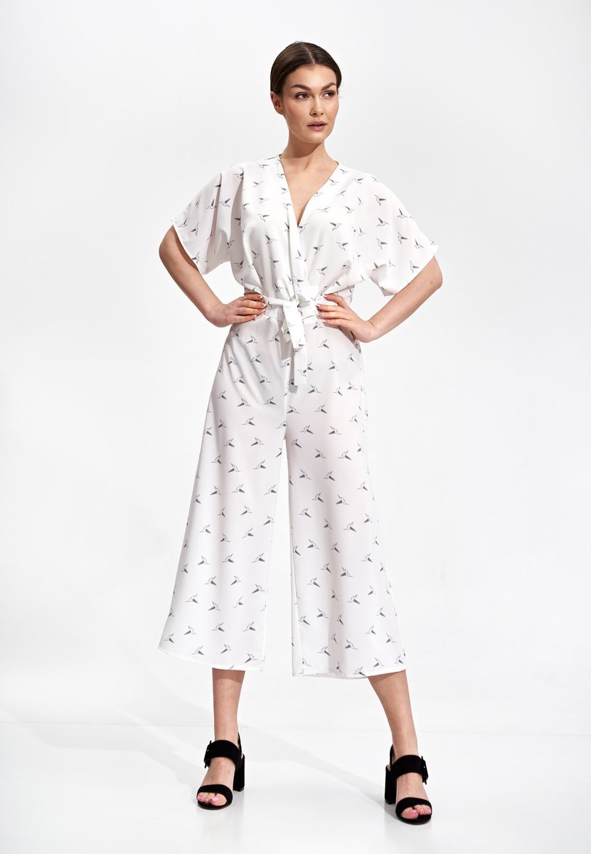 Luźny KOMBINEZON z rękawami kimono OZDOBNE WIĄZANIE biały S/M