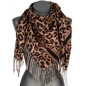 Apaszki i szaliki damskie - Chusta damska przejściowa w PANTERKĘ na prezent z frędzlami RCC8-2 brązowa - miniaturka - grafika 1