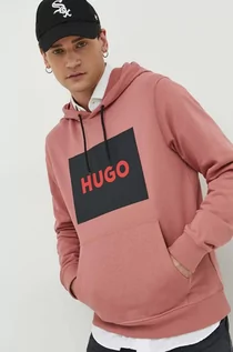 Bluzy męskie - HUGO bluza bawełniana męska kolor różowy z kapturem z nadrukiem - Hugo - grafika 1