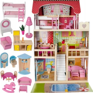 Drewniany domek dla lalek + basen + meble + lalki + światło led - Domki dla lalek - miniaturka - grafika 1