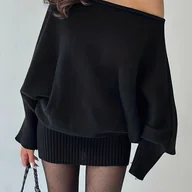 Swetry damskie - TEMU Sweter damski zimowy - dekolt off-shoulder/łódka, luźny krój, sylwetka H-line, jednokolorowa bluzka z długim rękawem, elegancka i casualowa - miniaturka - grafika 1