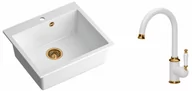 Zlewozmywaki z baterią - Quadron Zlewozmywak granitowy jednokomorowy 57*50*22 cm MORGAN 110 SNOW WHITE z miedzianym odpływem z baterią RACHEL Q LINE SNOW WHITE kolor biały mat/wykończenie miedź - miniaturka - grafika 1