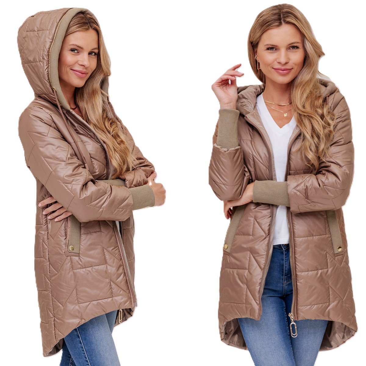 ASYMETRYCZNA JESIENNA PRZEJŚCIOWA KURTKA DAMSKA Z KAPTUREM LEKKA M