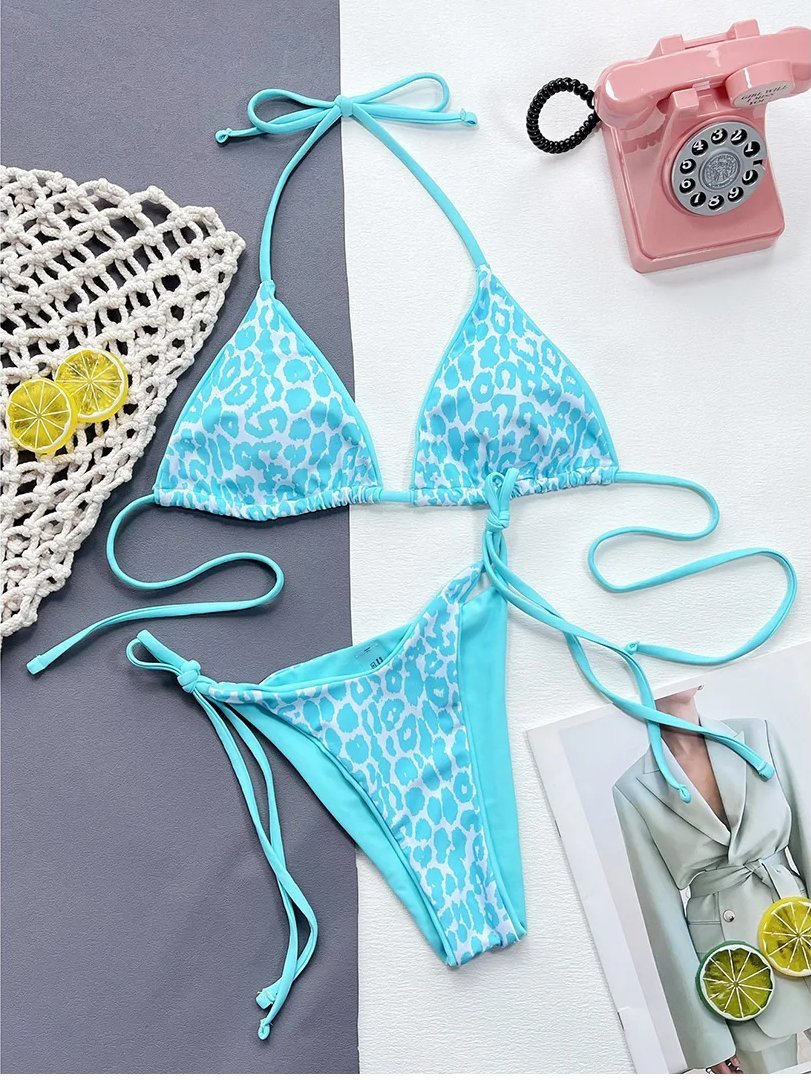 Strój Kąpielowy BIKINI Stringi Neon Wiązane Panterka - L