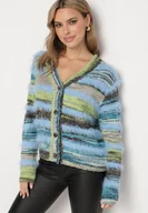 Swetry damskie - Niebieski Kardigan z Wełną i Wiskozą na Guziki Ozdobiony Paskami Esalenia - miniaturka - grafika 1