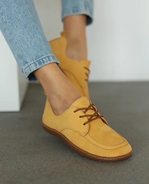 Skórzane musztardowe półbuty barefoot damskie Orvessa 37