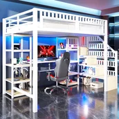 Łóżka dla dzieci i młodzieży - Łóżko piętrowe 140 x 200 cm z biurkiem, półkami - MDF + rama żelazna - listwa świetlna LED i port USB - białe (materac nie jest wliczony w cenę) - miniaturka - grafika 1