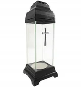 Lampiony i znicze - Znicz na grób mała kapliczka lampion szklany czarny z krzyżem srebrnym 25cm - miniaturka - grafika 1