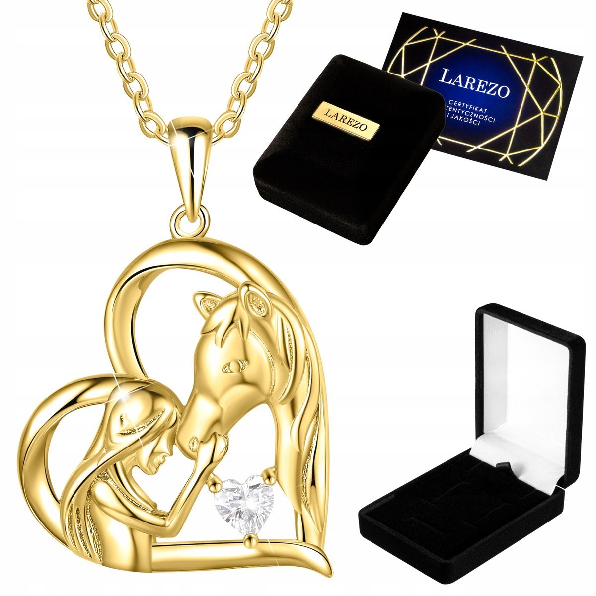 Złoty Naszyjnik 925 Kobieta z Koniem Dziewczynka Serce Kryształ Koń Konik