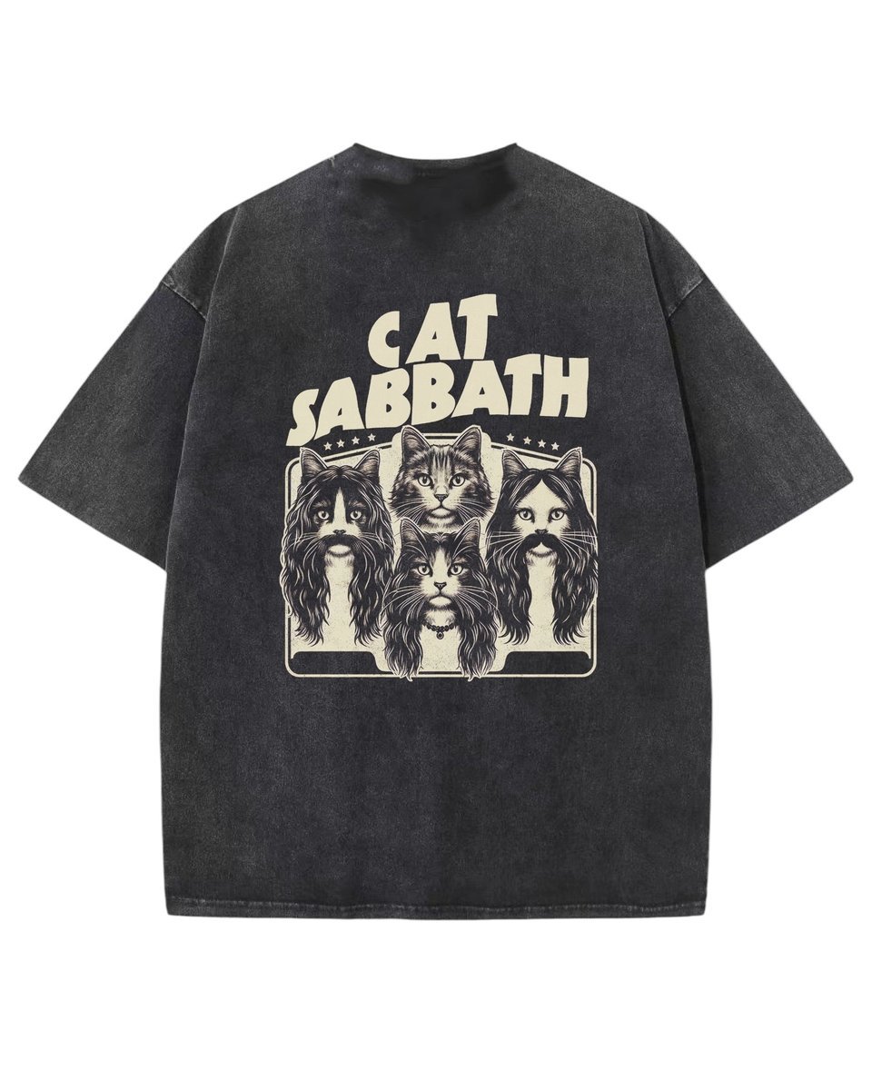 Damska koszulka oversize efekt sprania Cat Sabbath Parodia Czarna L