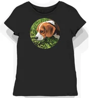 Koszulki i topy damskie - Koszulka damska czarna z motywem beagle w trójkolorowym wzorze na łące L - miniaturka - grafika 1