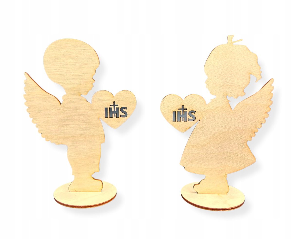 DREWNIANE DZIECI DZIECKO KOMUNIJNE ANIOŁEK NA PODSTAWCE STOJĄCE KOMUNIA